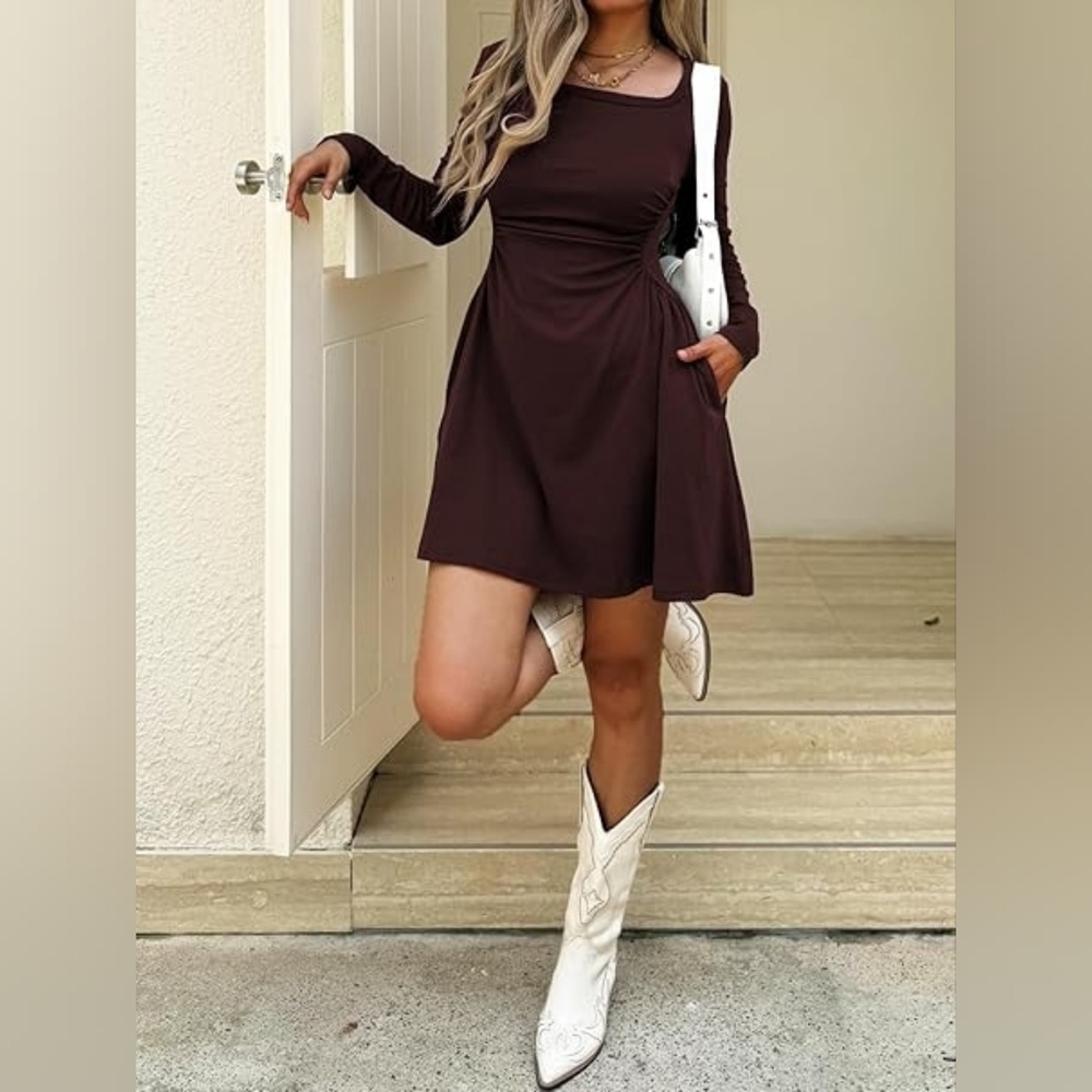 Long-Sleeve Square Neck Mini Dress in Chocolate Brown